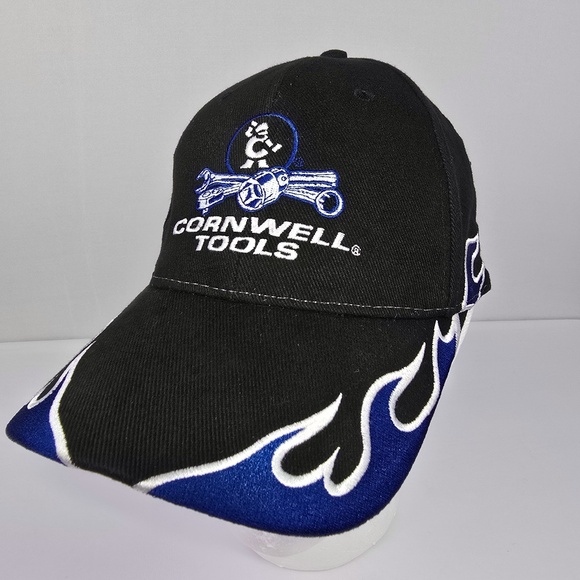 Cornwell Tools Hat Cap Velcro Strapback Adjustable Black W/ Blue Velour Flames - Picture 1 of 6